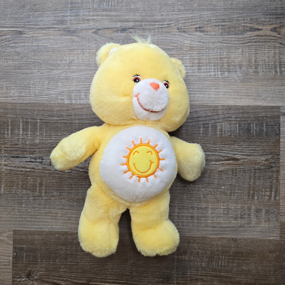 Care Bears Funshine Bear Yellow Plush Stuffed Animal Smiling Sun Belly Badge